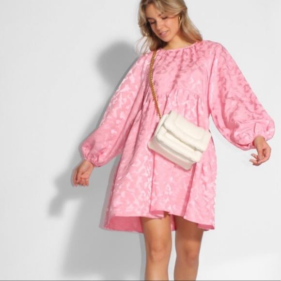 STINE GOYA Joy Kelly Dress Distortion Jacquard Pink Leopard Puff Sleeve - Picture 1 of 12